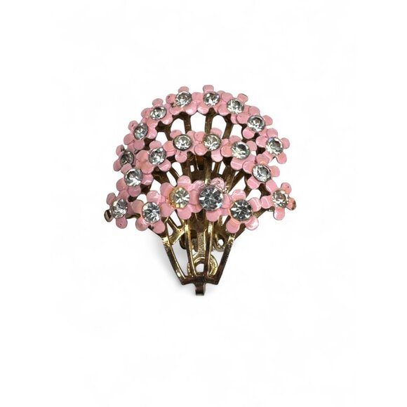 Vintage Pink Enamel Clear Rhinestone Floral Brooch Clip On Earrings Set - Picture 7 of 11